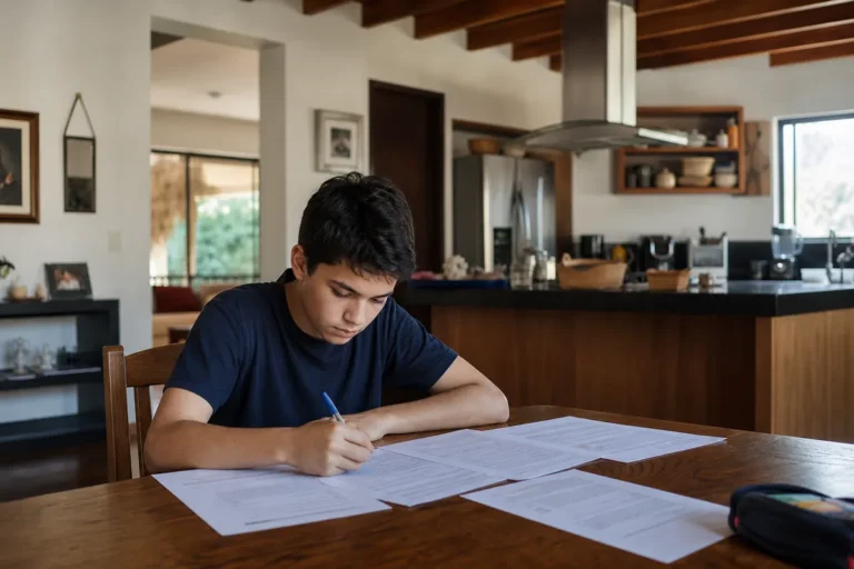 Estudante na mesa da cozinha com folhas de prova impressas, conferindo respostas para calcular a nota do Enem