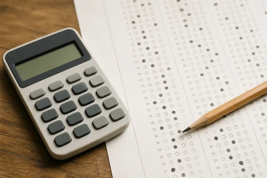 Calculadora ao lado de uma folha de respostas com marcações a lápis, usada para estimar a nota do Enem