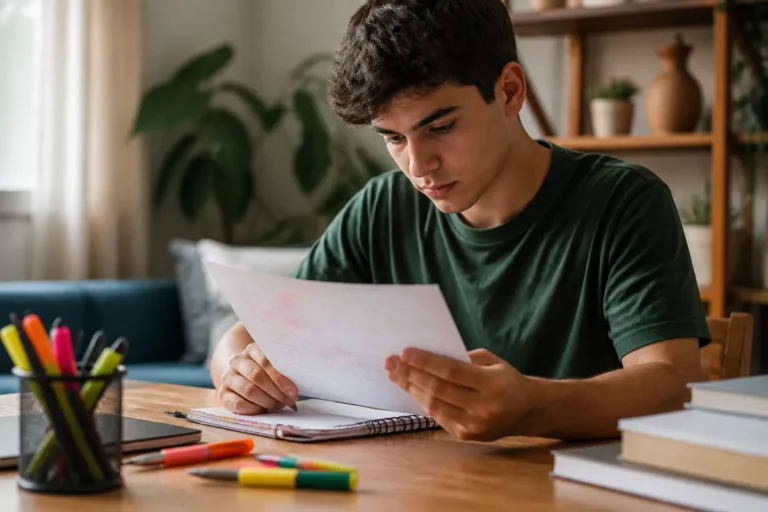 Estudante analisando o resultado do simulado do Enem com anotações