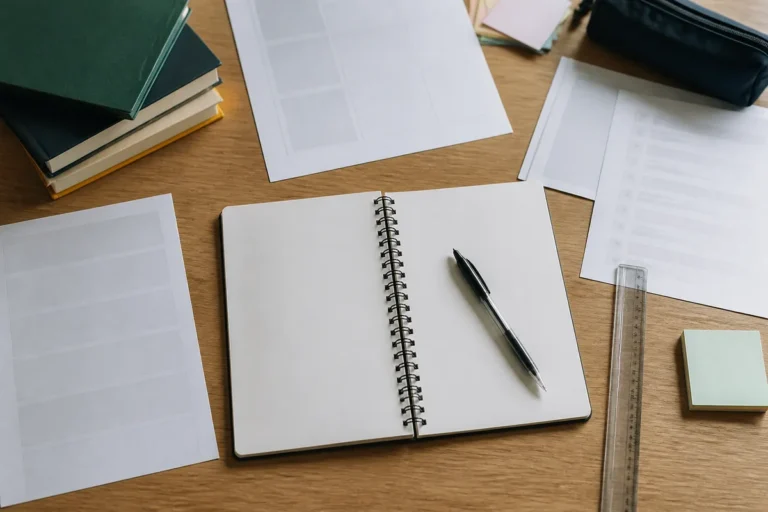 Mesa com material variado de estudo organizado, ponto de partida pra começar a estudar para o Enem