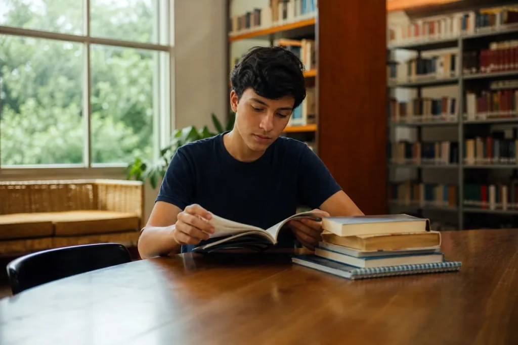 Estudar para o Enem: estudante pesquisando material em uma biblioteca pública.