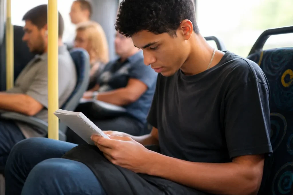Estudante aproveitando o tempo no transporte público pra resolver questões do Enem