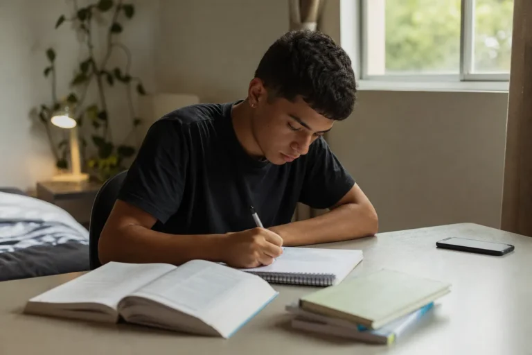 Estudante concentrado estudando sozinho num canto de estudo em casa