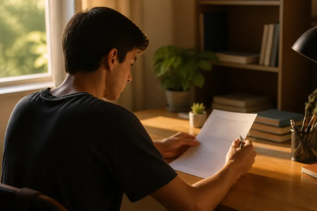 Estudante lendo com atenção uma folha de proposta de redação na escrivaninha de casa, como fazer redação do enem