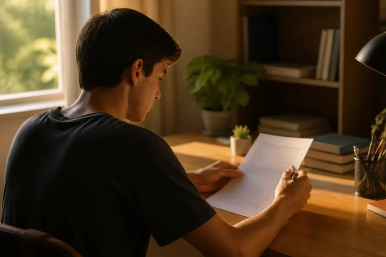 Estudante lendo com atenção uma folha de proposta de redação na escrivaninha de casa, como fazer redação do enem