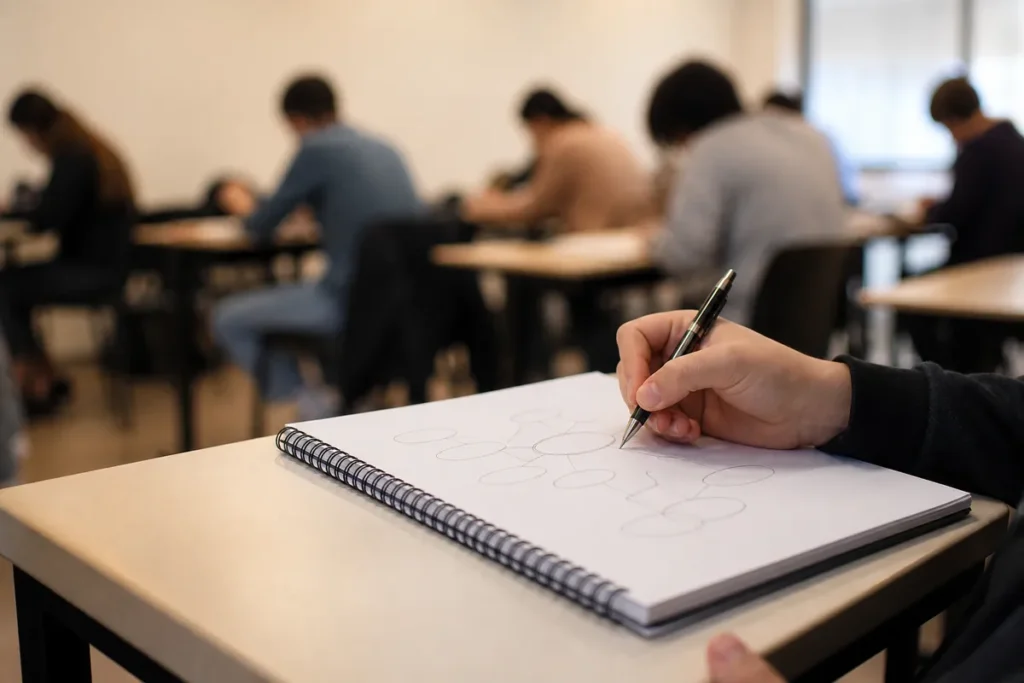 Mão rascunhando um esquema de tópicos num caderno numa sala de aplicação de prova, como fazer redação do enem