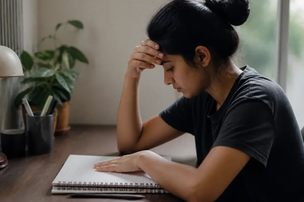Estudante tampando o resumo e tentando lembrar o conteudo, revisao ativa