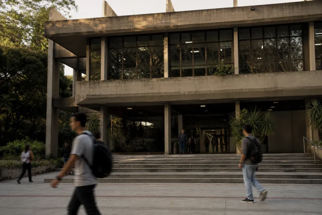 Entrada de um prédio de universidade pública com estudantes ao fundo, representando o acesso pelo Sisu