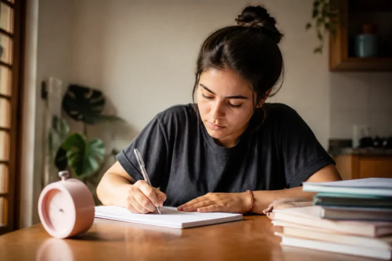 Como treinar redação do Enem sozinho: estudante cronometrando a própria escrita em casa