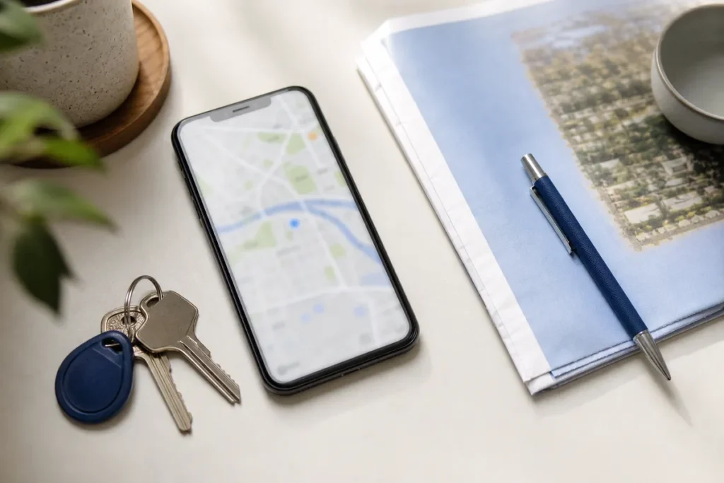 Celular com mapa, pagina impressa e chaves sobre a mesa, planejamento do trajeto ate o local de prova do Enem