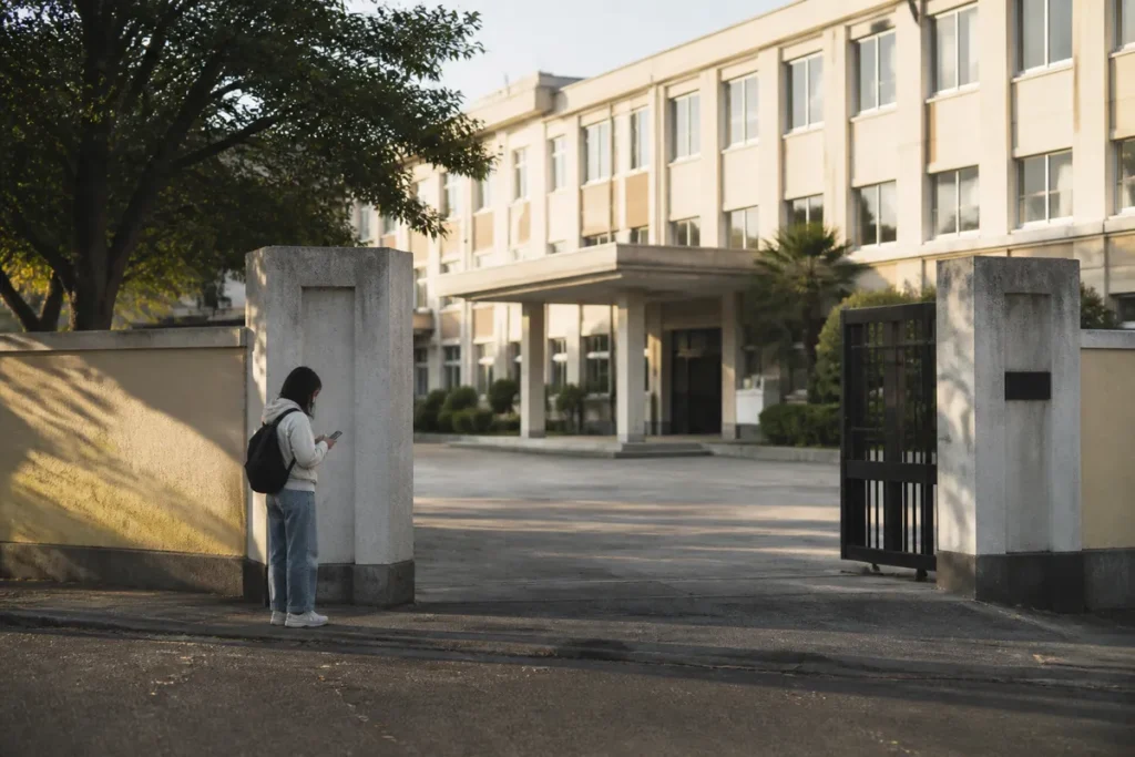 Estudante conferindo o endereco na frente da escola antes do dia da prova