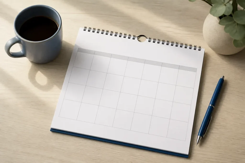 Calendario de novembro em branco sobre a mesa, esperando a data oficial do Enem 2027