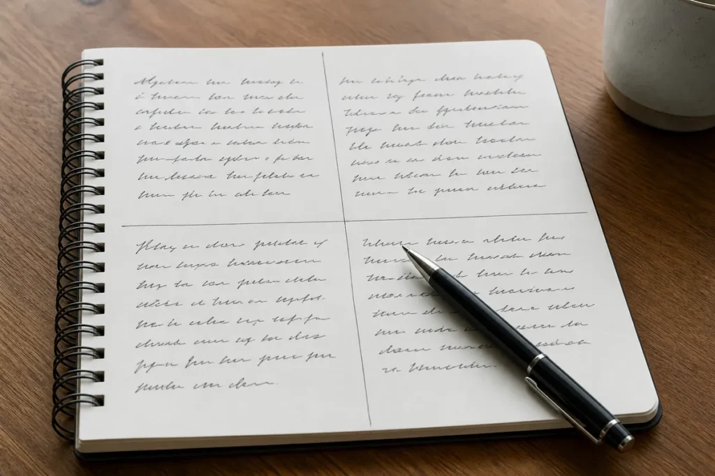 Caderno dividido em quatro blocos de parágrafo, o esboço de uma dissertação argumentativa