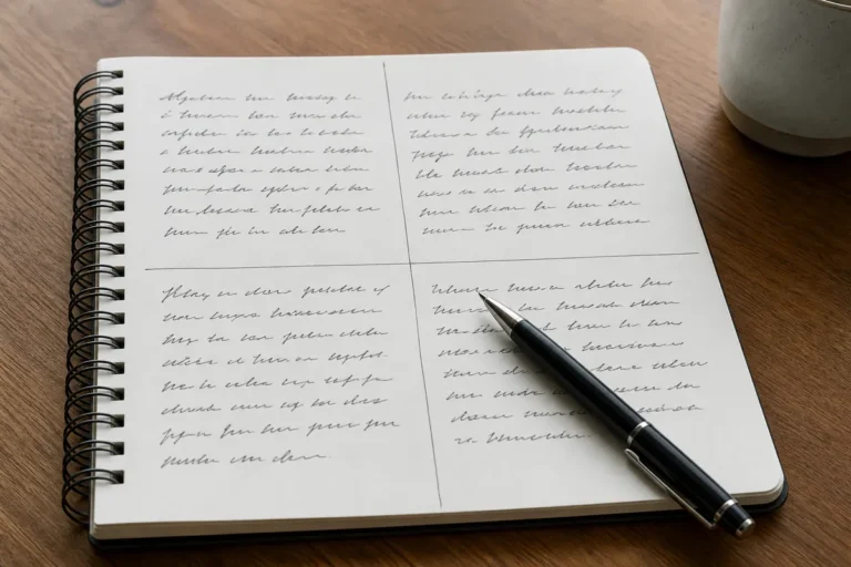 Caderno dividido em quatro blocos de parágrafo, o esboço de uma dissertação argumentativa