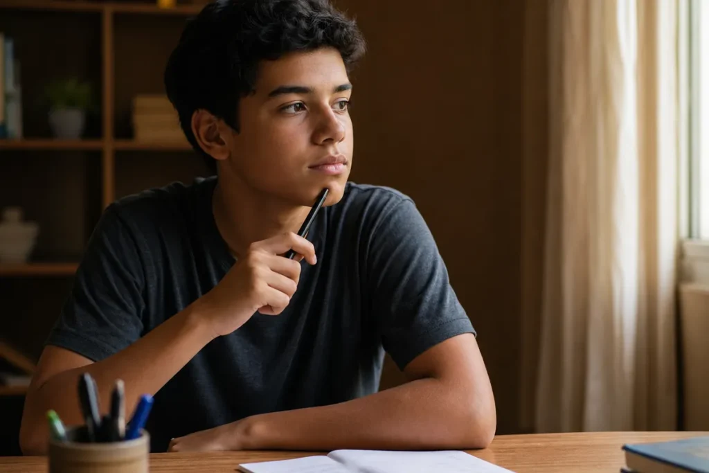 Estudante planejando os argumentos antes de escrever a dissertação argumentativa