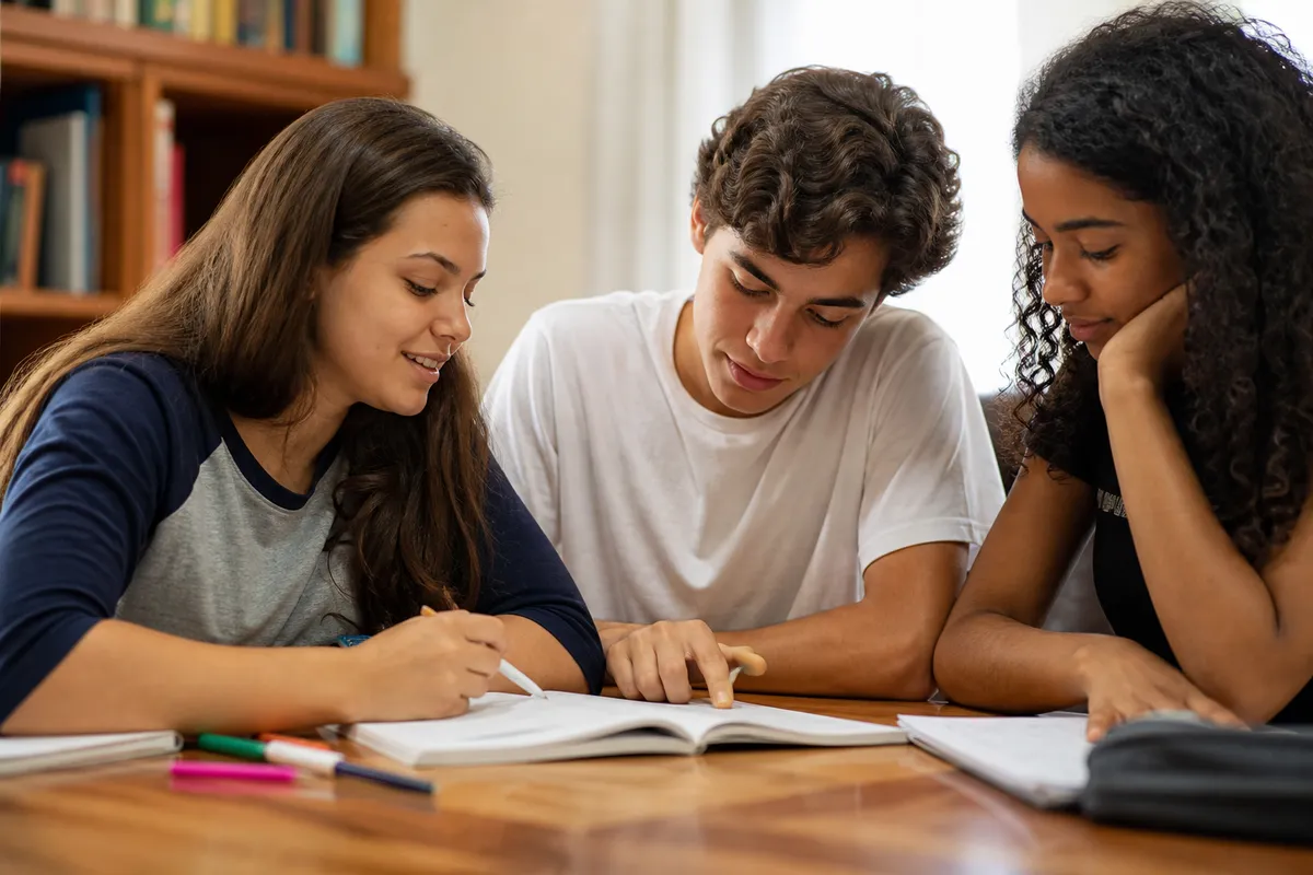 Grupo de estudo entre colegas se ajudando a preparar para o Enem sem cursinho