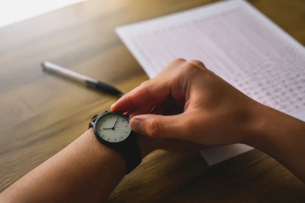 Mão de estudante ajustando relógio de pulso, gestão de tempo no enem