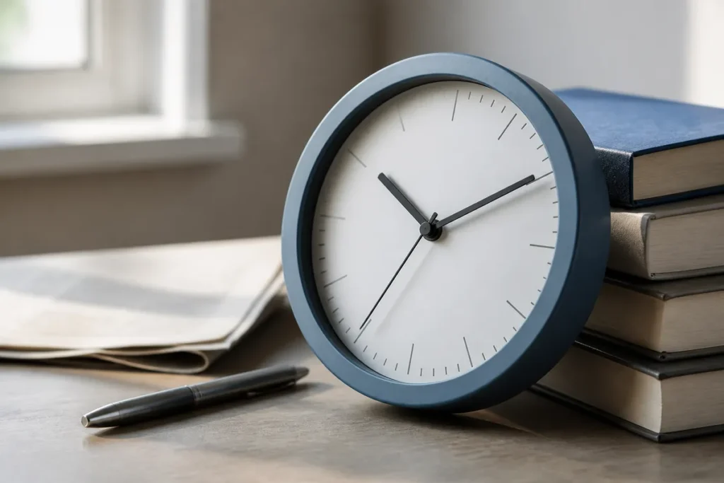 Relogio analogico sobre livros na mesa, o horario da prova do Enem
