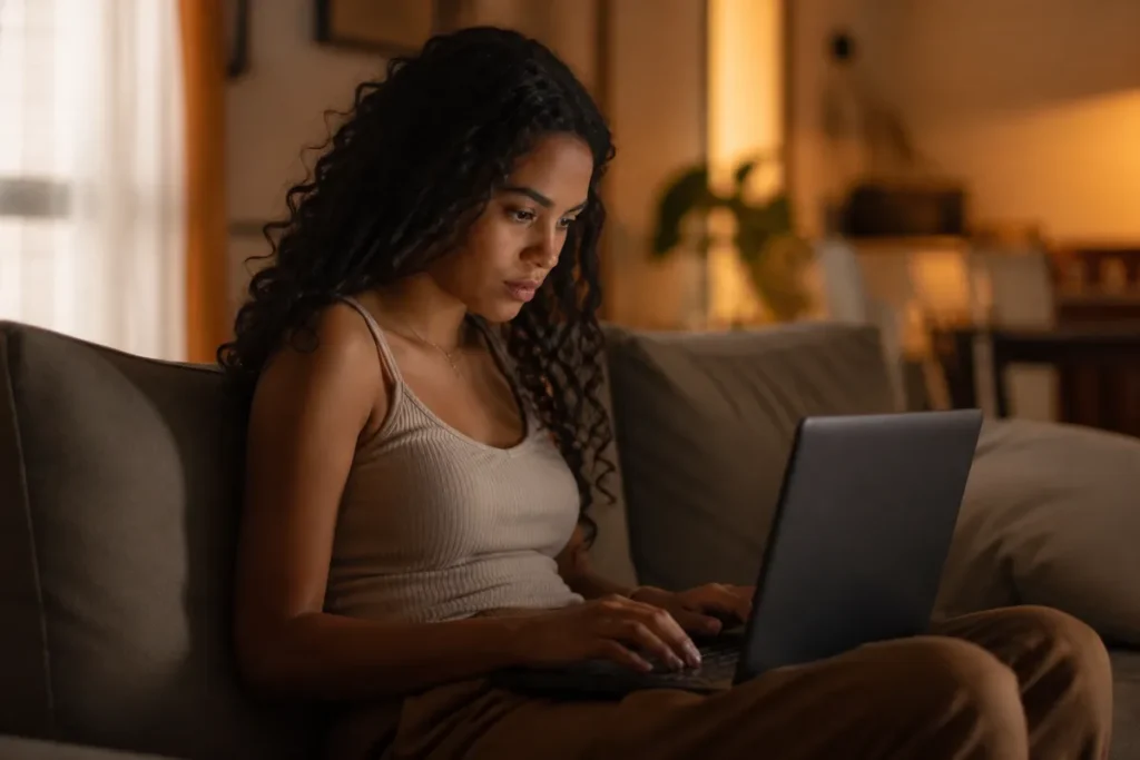 Jovem sentada no sofá com o notebook no colo, concentrada, prestes a fazer a inscrição do Sisu