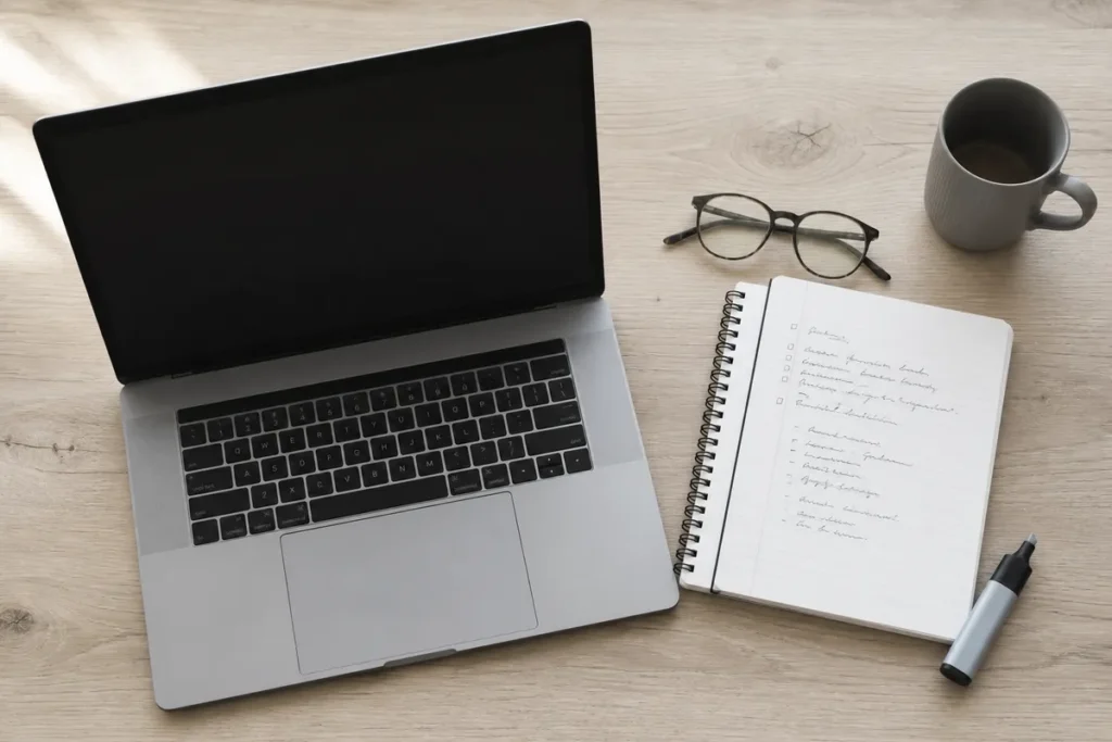 Notebook aberto ao lado de um caderno com listas de cursos anotadas à mão, preparação para a inscrição do Sisu