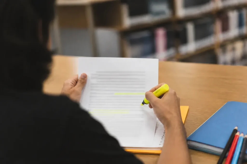 Mãos de estudante marcando trechos de uma redação impressa com marca-texto numa mesa de biblioteca