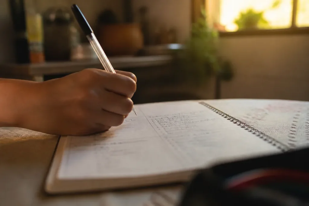 Mão preenchendo um caderno dividido em quatro blocos de parágrafo sobre a mesa de uma cozinha ao fim da tarde