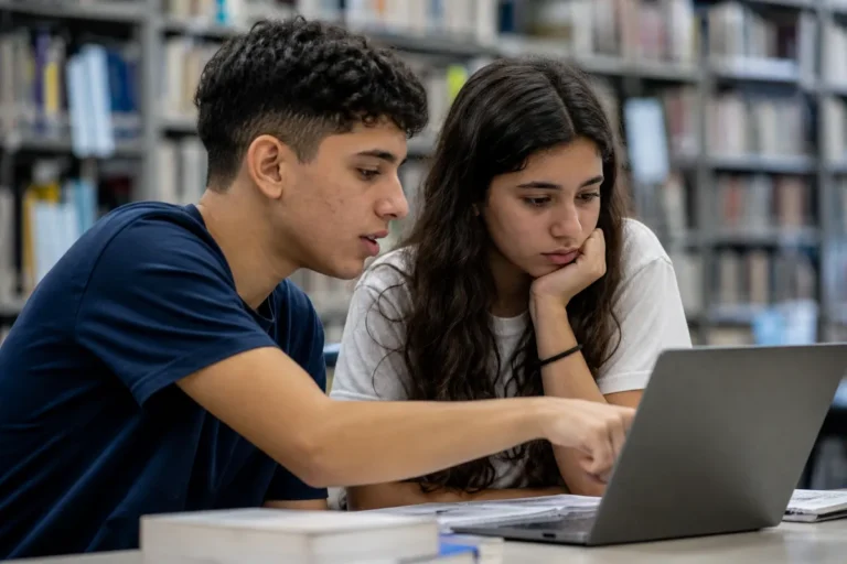 Dois estudantes comparando informações num notebook na biblioteca, pesquisando a nota de corte dos cursos