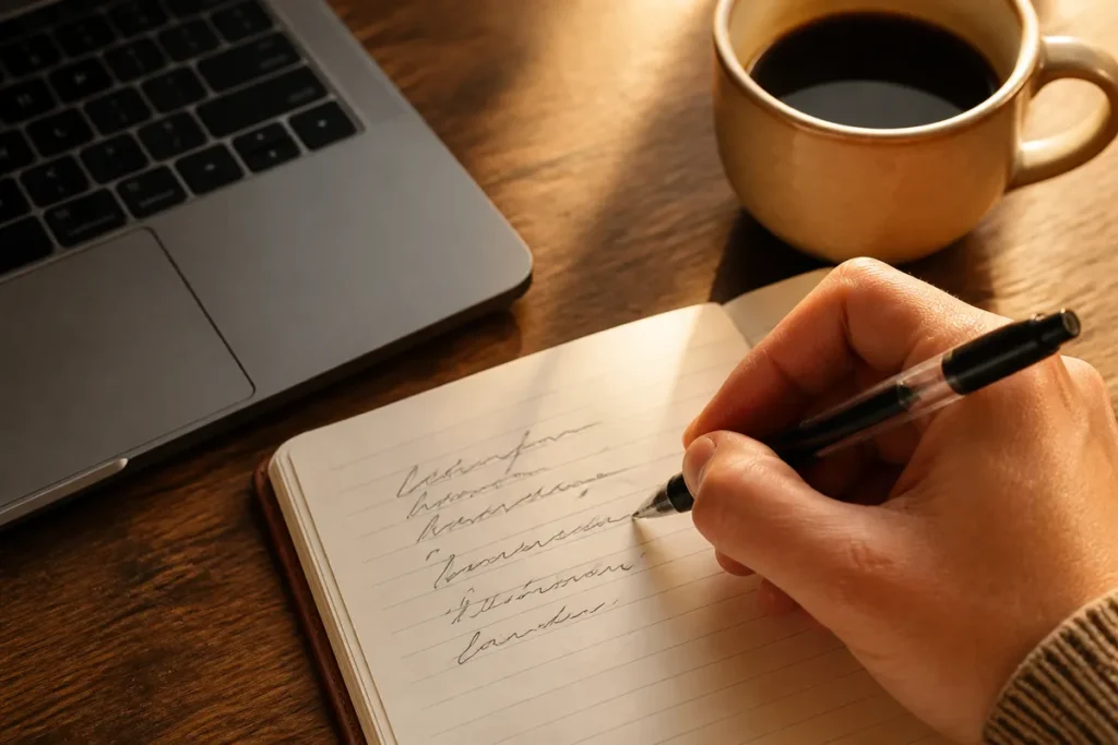 Mão anotando uma lista de cursos num caderno ao lado do notebook, para comparar com a nota de corte