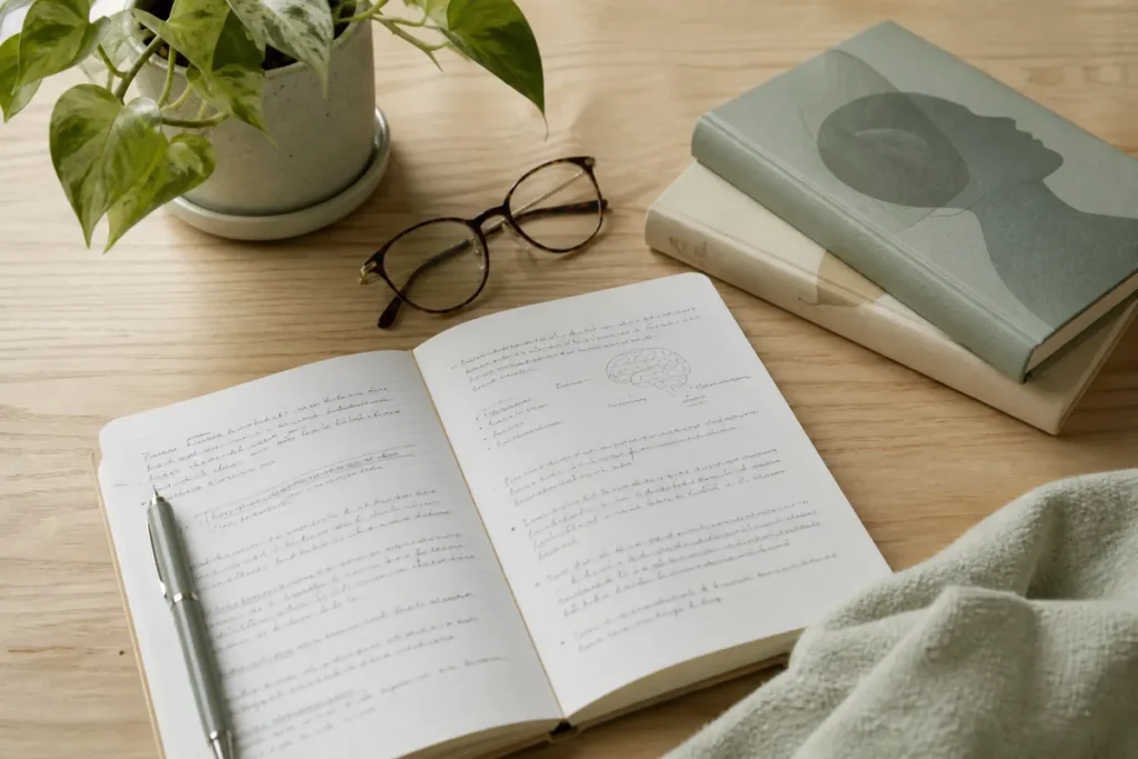 Caderno e livros sobre a mesa, pesquisa de nota de corte de psicologia no Sisu