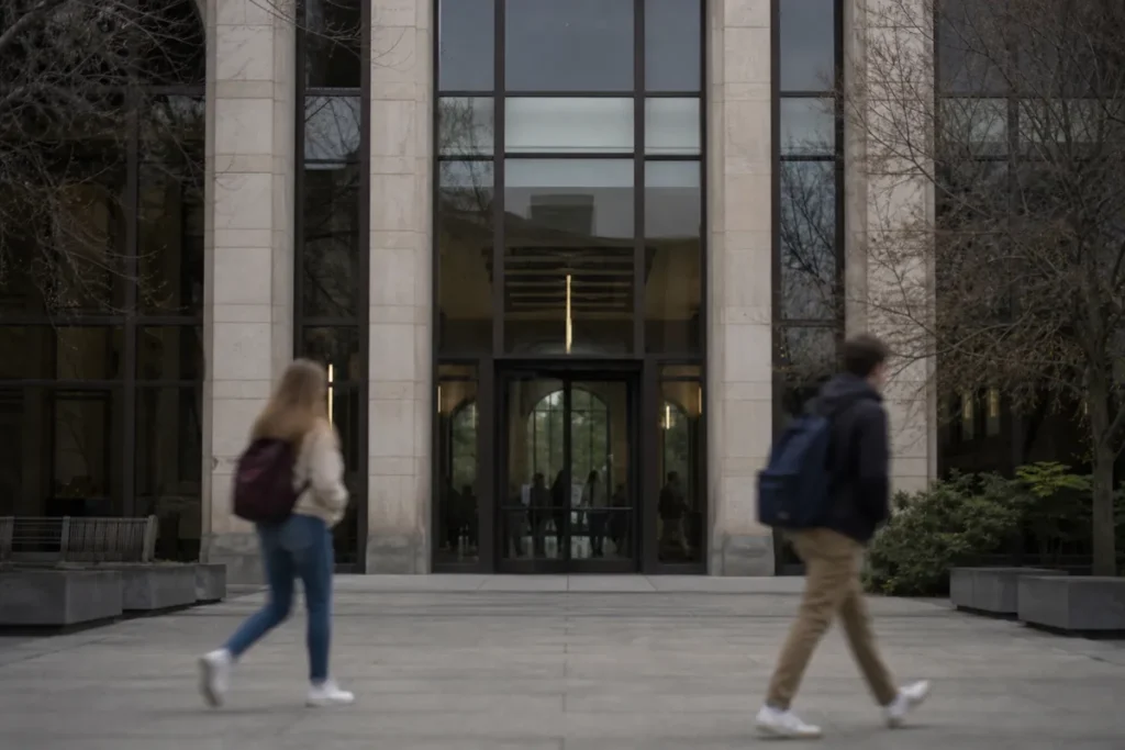 Fachada de uma faculdade privada com estudantes ao fundo, bolsa do ProUni