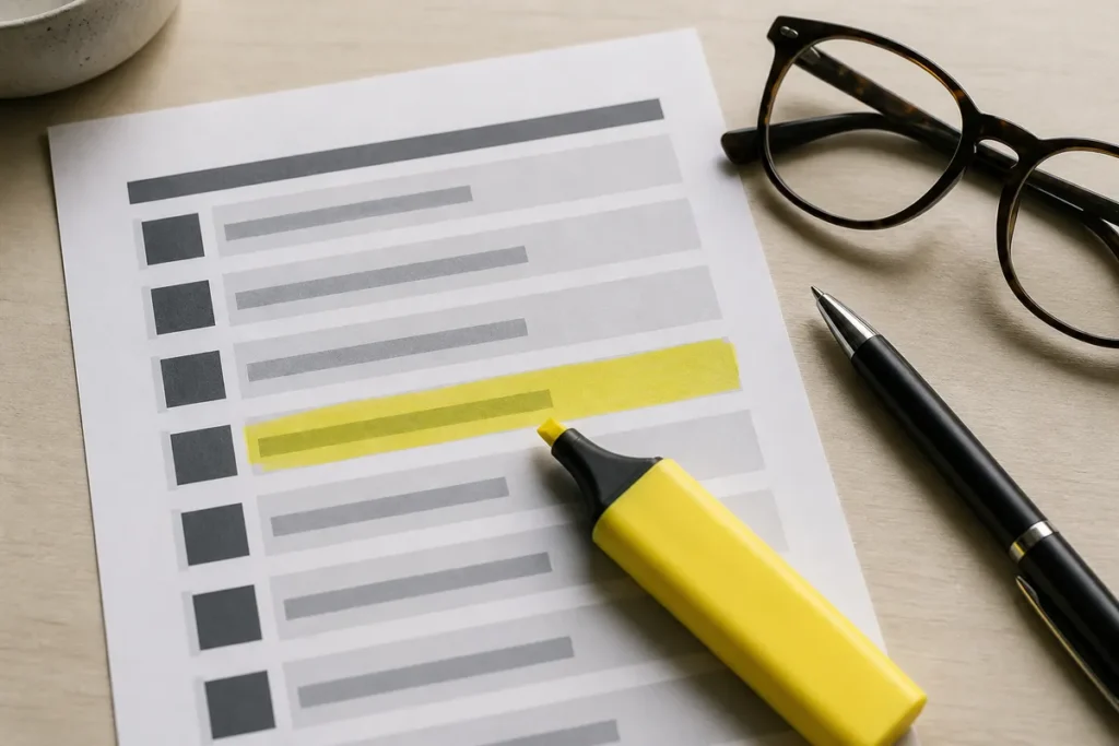Lista impressa de classificacao com marca-texto sobre a mesa, referencia de nota de corte do Sisu