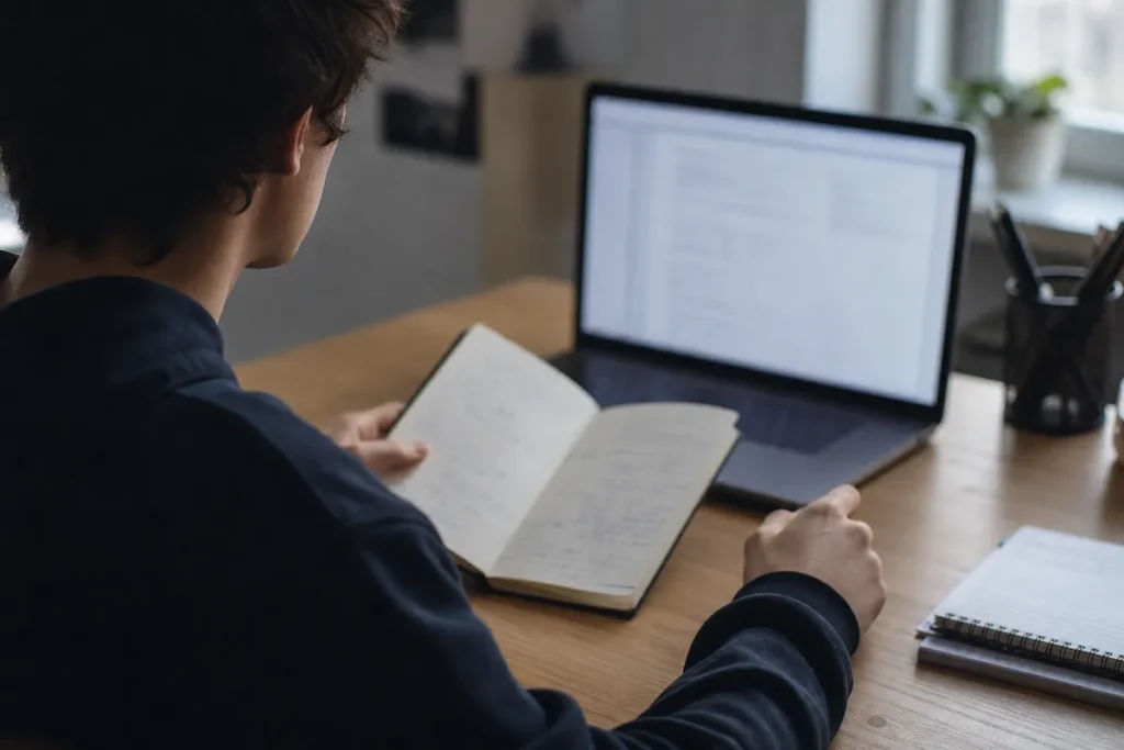 Estudante comparando a pagina do Sisu no notebook com anotacoes no caderno