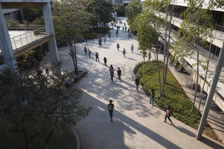 Vista de cima do pátio de uma universidade pública com estudantes circulando, ilustrando a disputa por vagas no Sisu