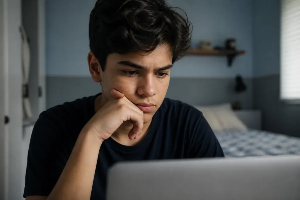 Estudante olhando o notebook com expressão preocupada enquanto acompanha a nota de corte parcial do Sisu