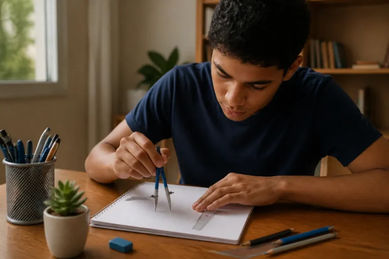 Estudante desenhando figura geométrica, símbolo do que cai em Matemática no Enem