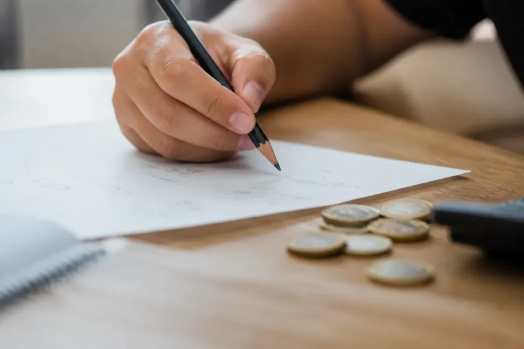 Estudante calculando matemática financeira com moedas ao lado, símbolo do que cai em Matemática no Enem
