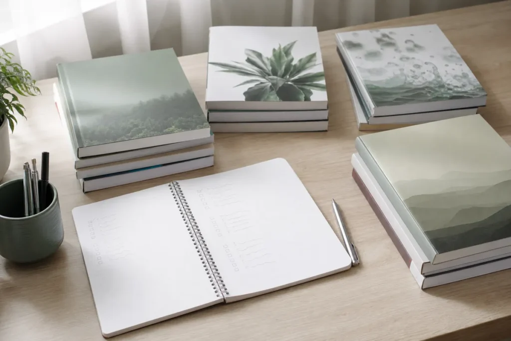 Pilha de livros didáticos do ensino médio separados por matéria sobre uma escrivaninha, com um caderno de anotações aberto na frente