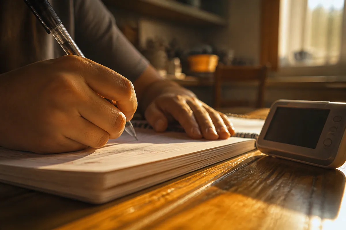 Mãos marcando questões erradas num caderno de prova antiga do Enem, com um cronômetro de mesa ao lado, sobre a mesa da cozinha