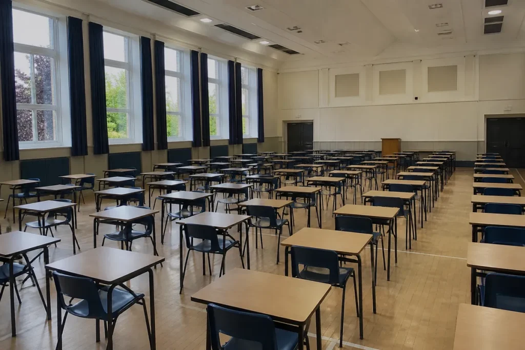 Sala ampla de aplicação de prova com carteiras enfileiradas, ilustrando o dia do Enem