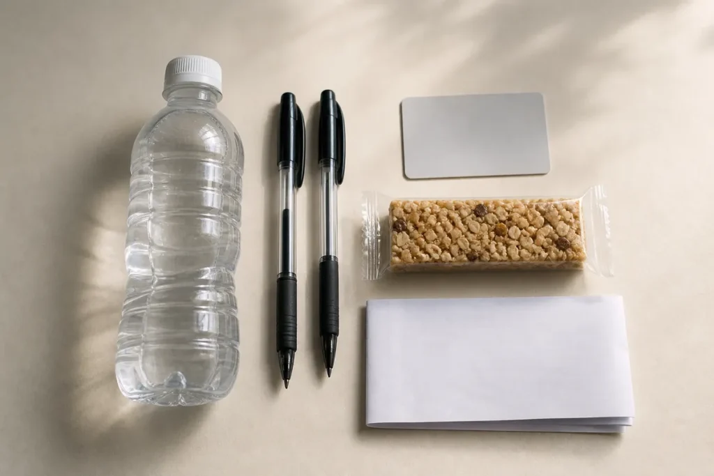 Garrafa de agua sem rotulo, canetas pretas transparentes, documento e lanche, kit para o dia do Enem
