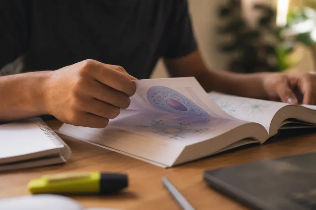 Estudante revisando conteúdo de Ciências da Natureza antes do segundo dia do Enem