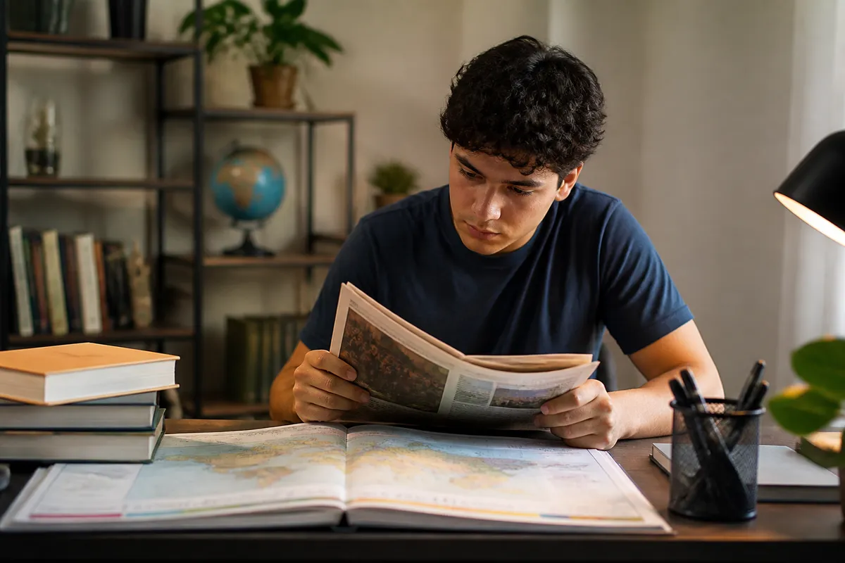 Estudante relacionando notícia atual com contexto histórico e geográfico