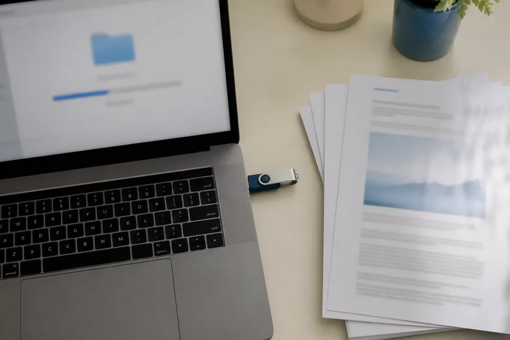 Notebook baixando arquivos e pen drive sobre a mesa, download das provas anteriores do Enem