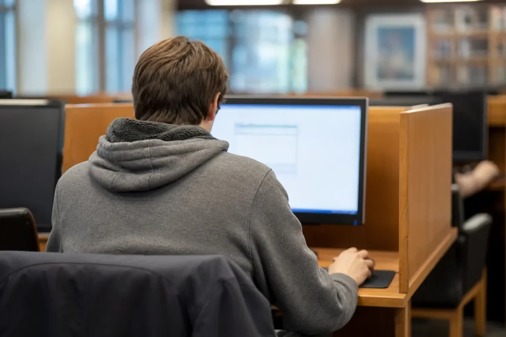 Estudante usando o computador da biblioteca publica para baixar as provas do Enem
