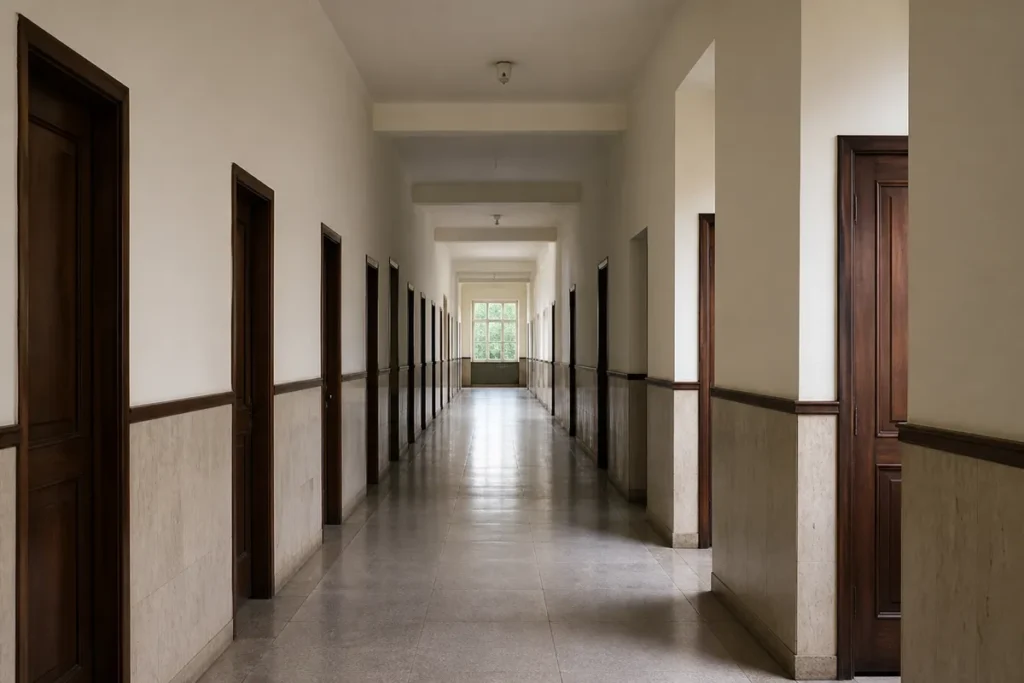 Corredor de universidade com uma fileira de portas, metáfora das portas que a nota do Enem abre