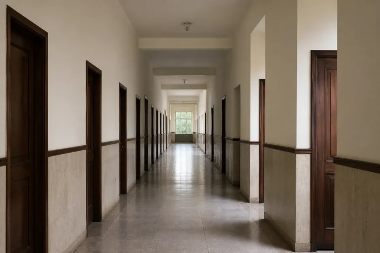 Corredor de universidade com uma fileira de portas, metáfora das portas que a nota do Enem abre