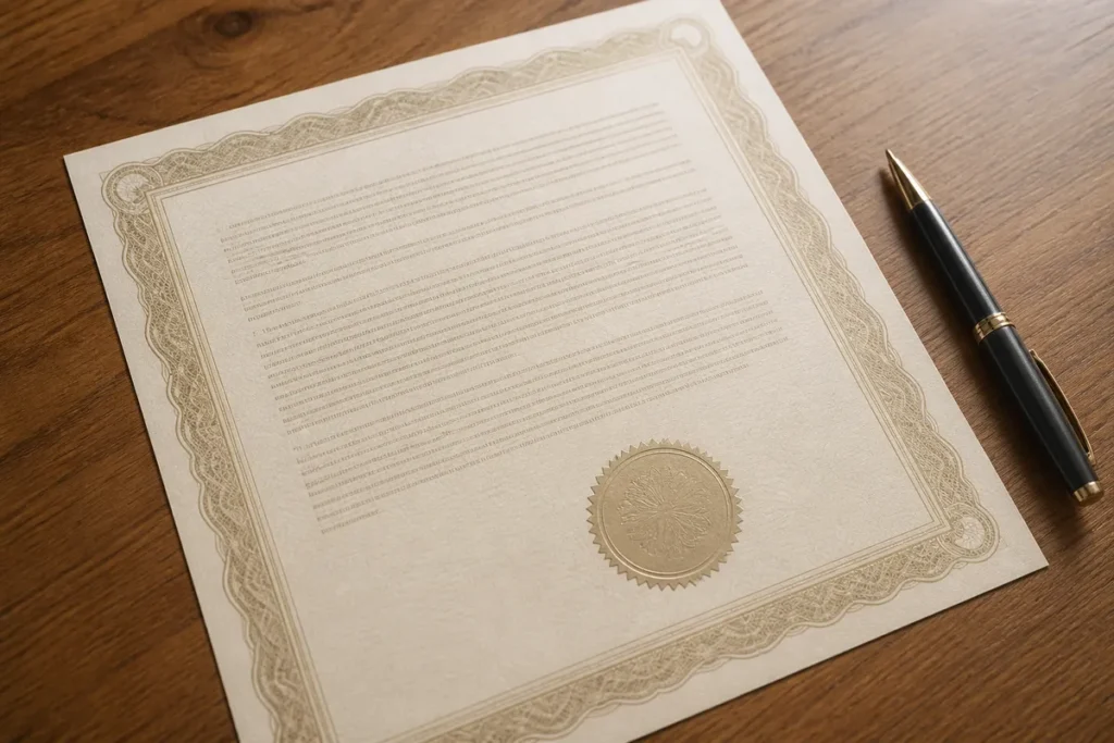 Documento oficial e caneta sobre a mesa, representando a certificação do ensino médio pelo Enem