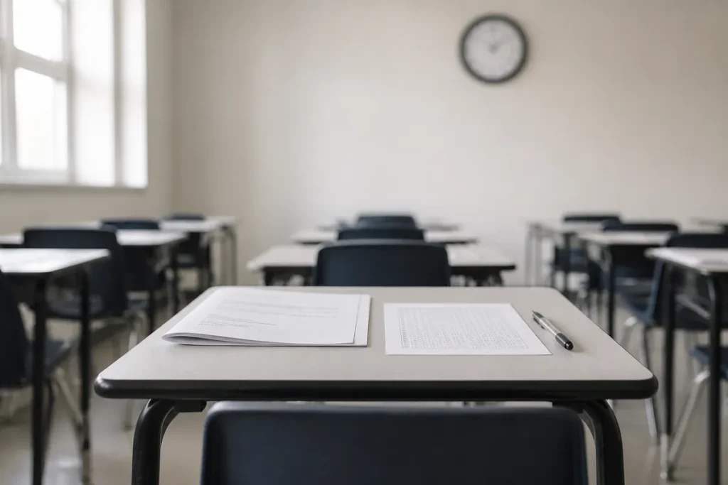 Carteira com prova, cartao-resposta e caneta numa sala, simulado do Enem em condicoes reais