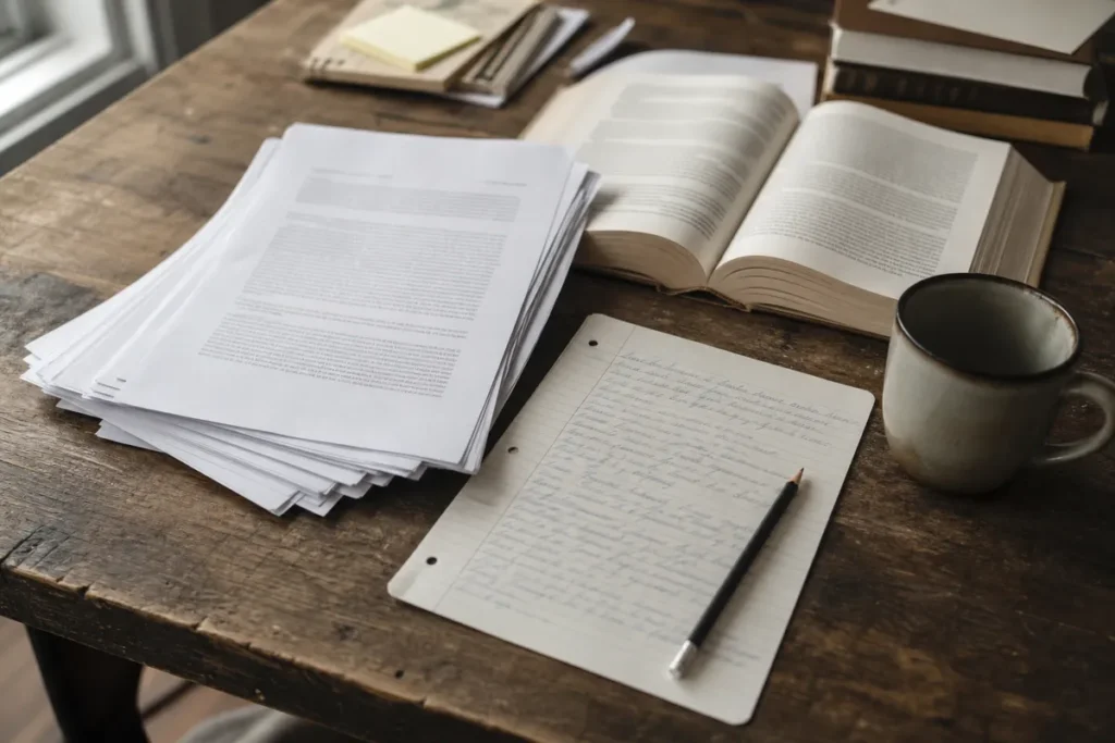 Provas impressas, livro aberto e anotacoes a mao sobre a mesa, estudo para o Enem sem cursinho