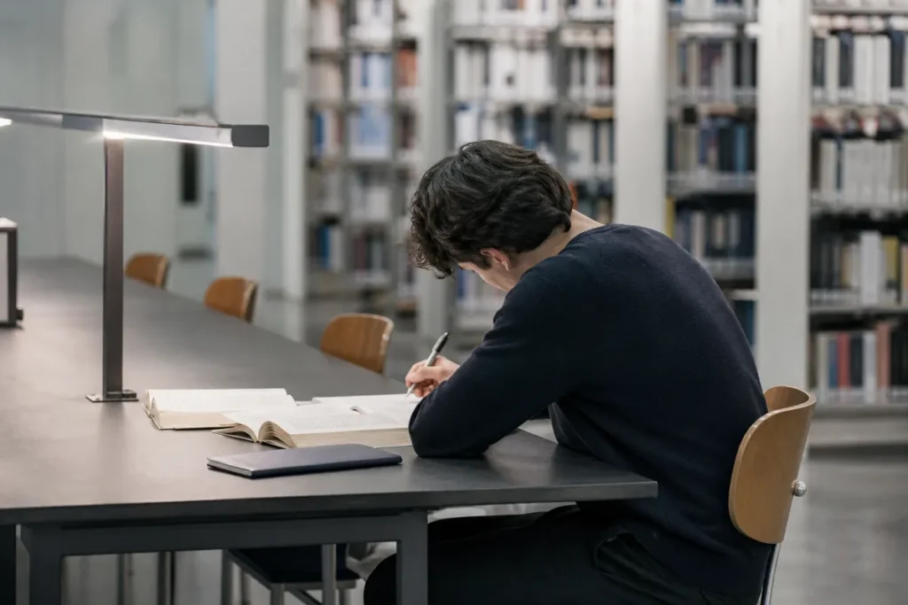 No Enem sem cursinho: grupo de estudantes trocando dúvidas em uma monitoria gratuita na biblioteca (foto mantida do post)